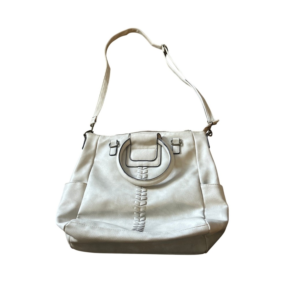 Off White Faux Leather Circle Handle Tote Crossbody Bag Braided Detail